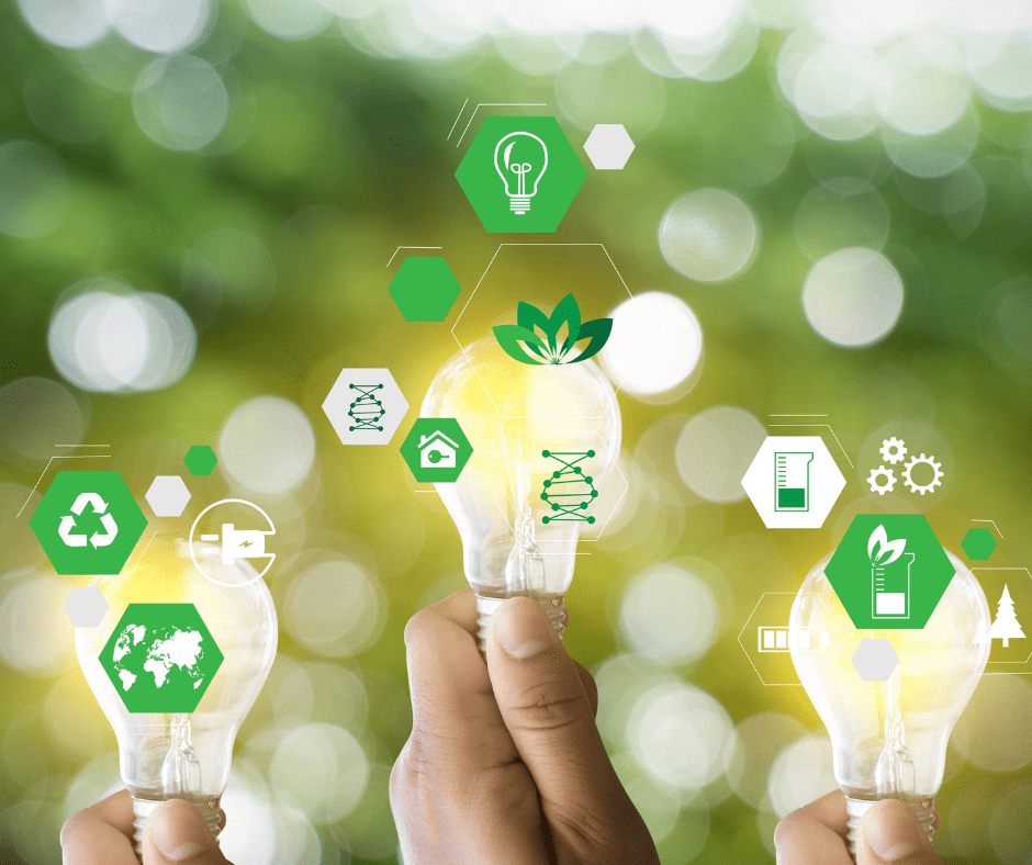 Hands holding light bulbs with green sustainability icons, symbolising eco-friendly innovation and long-term soil health solutions